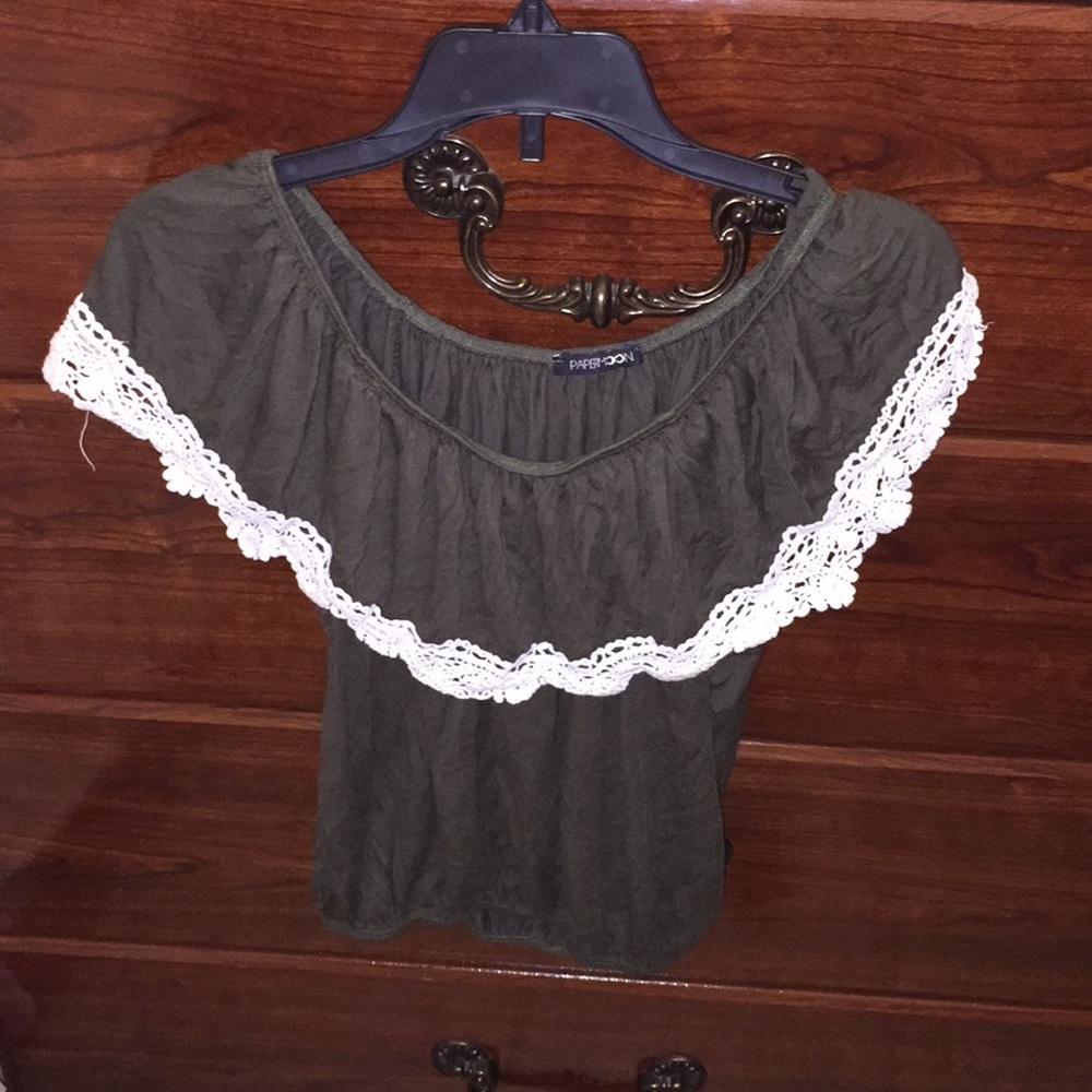 Dark green cinched top with lace trim